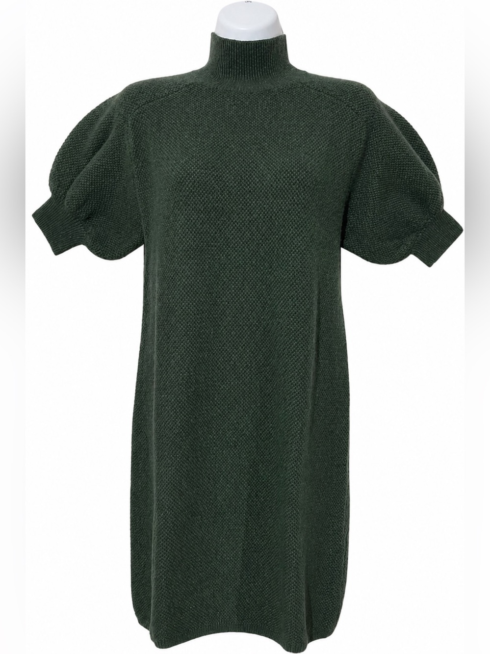 Ann Taylor Dark Green Knit Turtleneck Sweater Dress with Puff Sleeves Size M